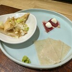 特撰ひやむぎ きわだち - きつね/鴨の生ハム/ひやむぎ刺し