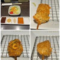 串カツとワイン 揚八 東急プラザ銀座店 - 味彩ランチ２７５０円。和牛、子持ち昆布と山芋ウニソース、蓮根 和牛ミンチ詰め。子持ち昆布の串揚げは初体験ですが、海の風味がプチプチとした食感から溢れて、とても美味しかったです（╹◡╹）