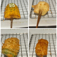 串カツとワイン 揚八 東急プラザ銀座店 - 味彩ランチ２７５０円。コーンバター、鯛と茗荷、豚ヒレ、叉焼と獅子唐。桂剥きしたコーンをじっくり揚げた品が、シンプルながら素晴らしい味わいです（╹◡╹）