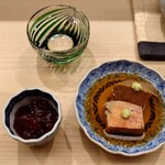 日本橋蛎殻町 すぎた - 鱒子の味噌漬、甘く炊いた鮟肝、新政の貴醸酒「陽乃鳥」