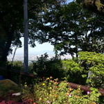 高良山茶屋　望郷亭 - お店の外のプランターの花と木々の間から見える久留米市街・・・