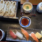 Kojimaya Souhonten - にぎり寿司膳1,628円　(お寿司５貫とへぎそば２枚、                    茶碗蒸しのセット)