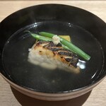 料理屋 稲家 - お椀　すずきの塩焼き　焼き茄子　三度豆