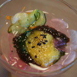 山ごぼう - 口直しの酢の物。花オクラと水前寺菜がとろとろ！