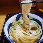 乃きや - ⑤ひやひやうどん(税込380円)
            うどんは一晩寝かせた生地を手打ちしたもので、コシがあるけどモチッとしており、剛麺だけど軟らかくて旨みがあるという印象