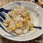 御料理 寺沢 - 干し貝柱と焼玉蜀黍と碓井豌豆の炊込みごはん