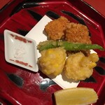 那須温泉　山楽 - 鱸香煎揚げ、もろこし揚げ、甘長唐辛子揚げ。このあたりから満腹ロード。