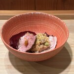 根津 焼鳥 照隅 - ポテサラ、かすみ鴨胸、ハリッサ