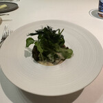 メイ - ❺黒鮑と赤鮑のムニエル、肝のリゾット、クレソンのサラダ。