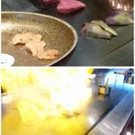 TEPPAN 権八 - お肉は「レア」でお願いしました。フランベ画像は「フォアグラ」を焼いているときのものです。