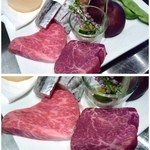 TEPPAN 権八 - この日のお肉。「サーロイン」と「フィレ」、どちらも80ｇだったような。
