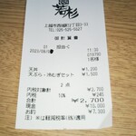 天ぷら　若杉 - レシート。