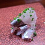 鮨匠 のむら - ⑩白鯵(根付き真鯵)(鹿児島県、朝釣り)
      産卵は春～夏、旬は秋～冬。
      根付きとは餌が豊富な瀬に付き、回遊しない魚
      条件の良い場所を陣取る強い個体で当然脂のりも良く、脂は軽く、爽やかに蕩けます