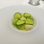 レストランディファランス - メロン、ライムアイス、ディルアイス、ベルガモットのジュレ