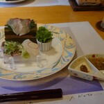 ホテル鴎風亭 - お造り。鯛、鯵、ヒラメ、イカなどなど