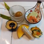 和色GOHAN - 前菜（枝豆豆腐と海老芝煮、アスパラ生ハム巻き、丸十レモン煮、茄子田楽、青梅蜜煮、白瓜雷干し）