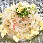 かんざ - 稲庭うどんつけ麺 枝豆揚げ玉 薬味