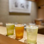 和 のぎ - (左)煎茶ジントニック ¥800(中)ほうじ茶ジントニック ¥800(右)玄米茶ジントニック ¥900