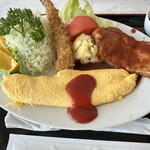 新洋亭 - 【2023.8.12(土)】Aランチ（エビフライ＋ポークソテー＋オムレツ＋アイスコーヒー）1,500円