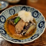 Den - ◎鴨と茄子の揚げ出し 揚げた鴨肉と大きなナスに大根おろしと餡がかかっていて これもとっても美味しい