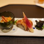Ajiyuki - バチコと瓜、鱧寿司と茗荷、インゲンと茄子がく