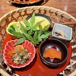 Ryouriya Torishou - 前菜。バターピーナツの冷製スープが、ほんのり甘くてとろける舌触り。最高に美味。