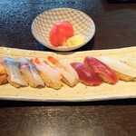 寿司居酒屋 まるがまる - つまみ玉子　鯵　甘海老　赤身　炙りえんがわ　冷やしトマト