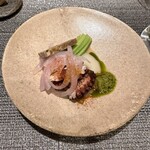 sardexka - 赤玉ねぎ 蛸 タンのテリーヌ オクラ 下に煮たモロッコいんげん