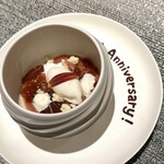 sardexka - ルバーブのデザート 葡萄 浅煎りコーヒーのジュレ アーモンドミルクにトンカ豆のソルベ レモンマリーゴールドのクランブル ローズマリーとホワイトチョコレート、ココのソース ヒマワリ