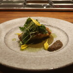 IZA - 鮑のカツレツ 肝ソースとトリュフ味噌を添えて