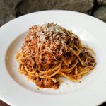 Spaghetti with bolognese sauce simmered for 3 hours