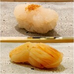 鮨 神楽 - ・白海老 (自家製海老塩)
      ・帆立 (酢橘)