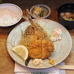 Tatsumi - 割烹 辰巳 ＠茅場町 めぬけとあじを選んだ ランチ ミックスフライ2点 税込1,100円 ご飯少な目でお願い