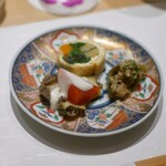 鮨・和 のぎ - 季節の信太巻き、鮑プラムヨーグルトソース、水茄子胡麻和え