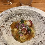 luogo - 熊本あか茄子の煮凝り　じゅんさい　生ハム　水タコのフリット