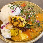 Curry&Spice HANAKO - 季節野菜とニンニクのカレー＋自家製ペーストのグリーンチキンカレー(半熟卵トッピング)