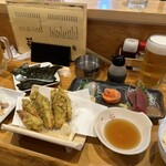 居酒屋 こふで - 生ビール ちくわの磯辺揚げ なめろう お刺身盛り合わせ 山芋の千切り