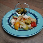 Homemade pickles and olives flavored with dashi soup