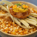 セリュー - ランチコース 9680円 の北海道 北海縞海老 玉蜀黍 柚子胡椒