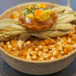 セリュー - ランチコース 9680円 の北海道 北海縞海老 玉蜀黍 柚子胡椒