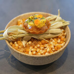 セリュー - ランチコース 9680円 の北海道 北海縞海老 玉蜀黍 柚子胡椒