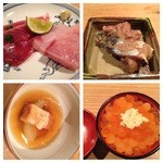 器楽亭 - コース　⑤かつお刺し　ブリ刺し　⑥さんまの肝和え　⑦鯨のウネス　⑧ミニいくら丼