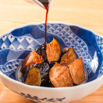 Deep-fried eggplant and Japanese yam served at Soba Restaurant Kaeshi