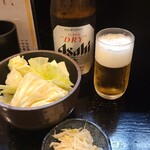 炭焼 桶家 - お通し《2品》(税込440円)
①茹でモヤシ②ポン酢キャベツ
お酒①アサヒスーパードライ(瓶ビール、アサヒビール)(税込660円)