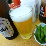 いっちゃん - 瓶ビール472円と無料のおつまみの枝豆