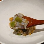 馳走西健一 - もち麦と玄米に藤枝の松の舞獅子唐を混ぜたリゾット、自家製唐墨掛け