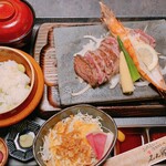 Enya - えん家ステーキ120gと有頭大海老　¥1880 季節のご飯セット　¥400