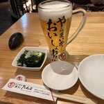 Hamamatsu Tanto - 生ビールとお通しのあおさ豆腐