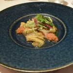 リストランテ カノフィーロ - 銀ガレイのカルパッチョ　焼きなすとコラトゥーラ　ガスパチョ 