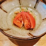 天ぷら たけうち - トマト、南関揚げ、水菜のお浸し